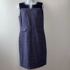 Brooks Brothers Embroidered Floral Linen Midi Sheath Dress Sz 8 Blue Pockets